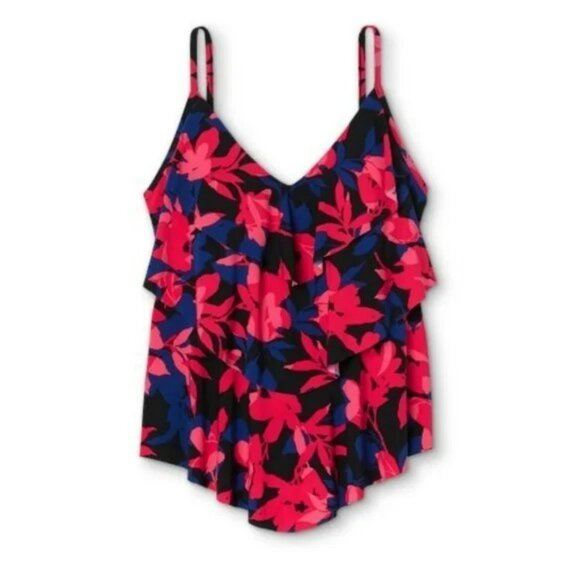 AQUA GREEN Floral Tiered Tankini Swim Top Navy and Red Ruffles Sz L Vacation - Picture 3 of 11